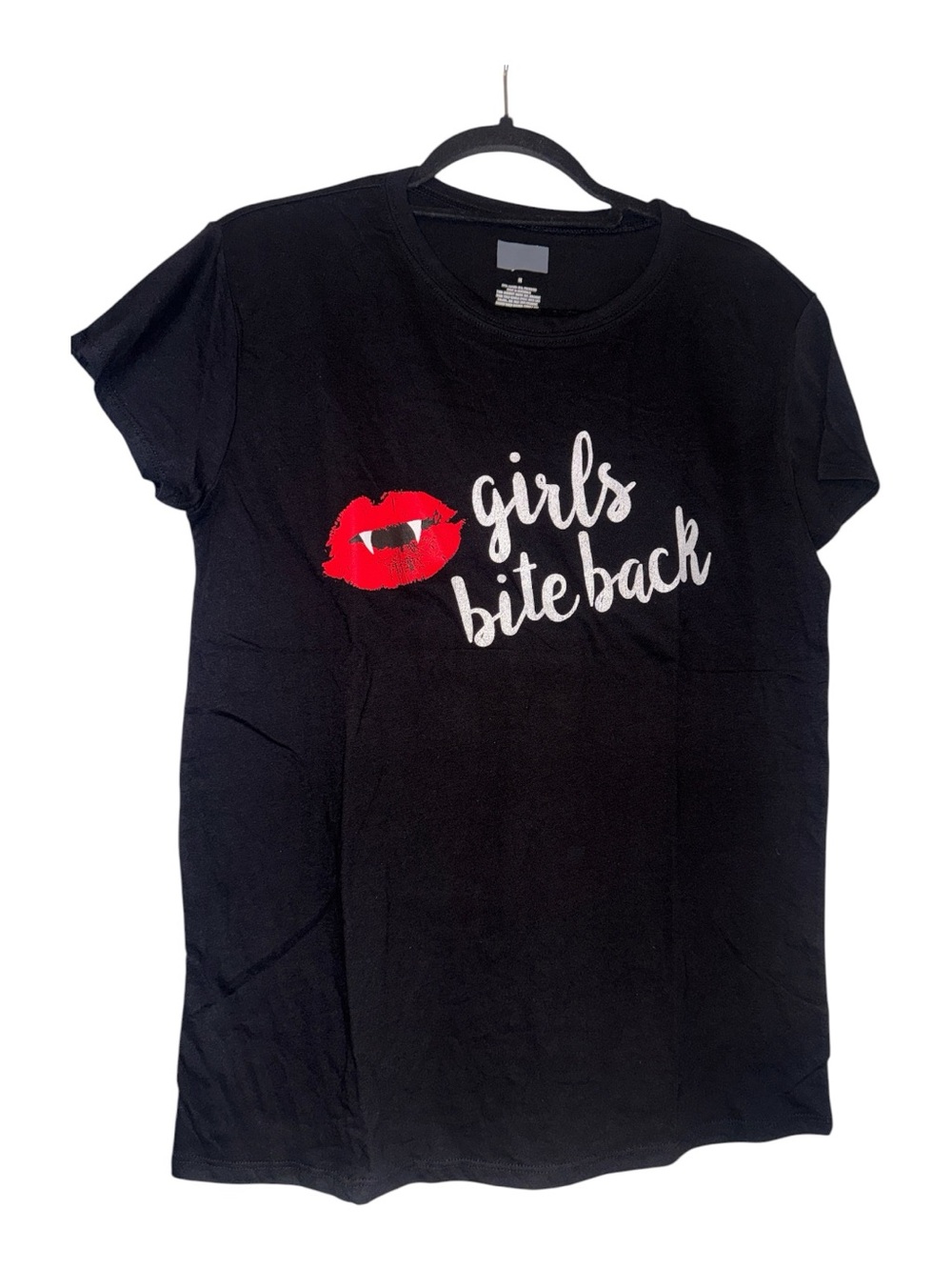 Halloween Woman’s  Bite Back Black Graphic Tee with Red Lip Print